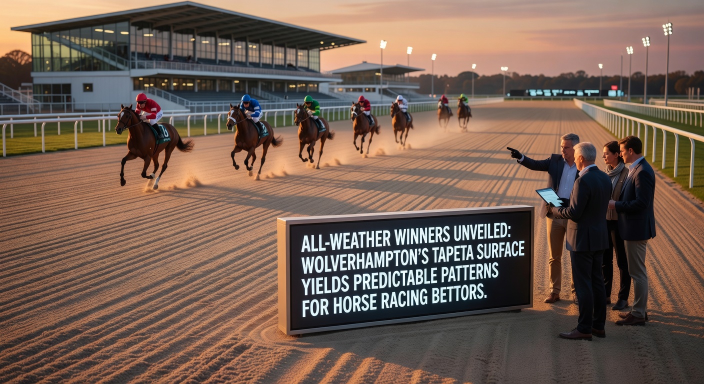 Wolverhampton Racecourse under lights with horses racing on the Tapeta surface, showcasing the all-weather track's smooth consistency