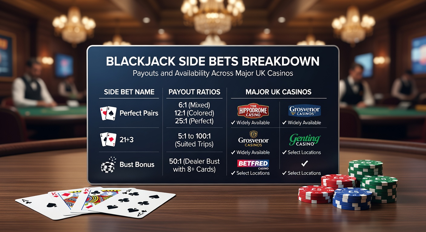 Vibrant blackjack table highlighting various side bet options amid a lively casino atmosphere