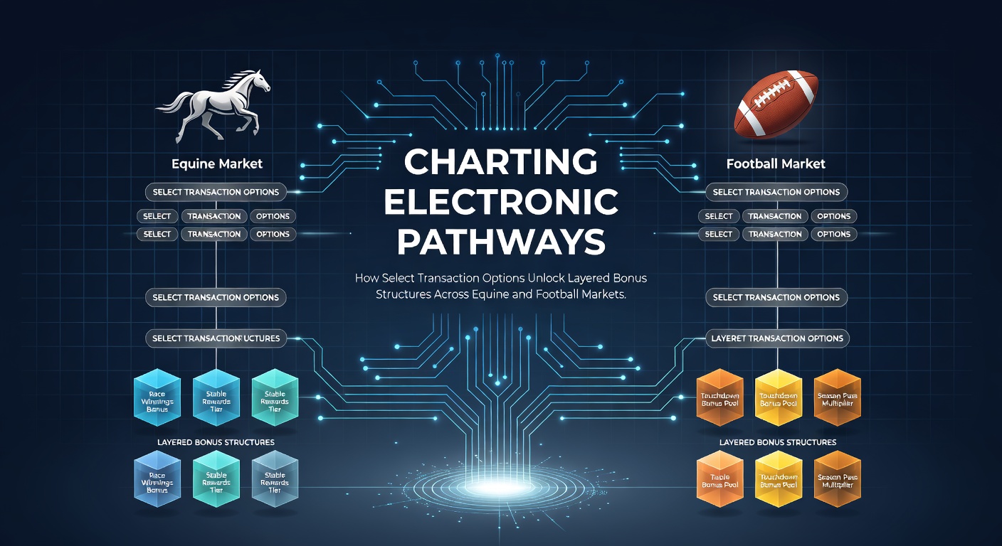 Digital transaction pathways connecting equine and football betting platforms with layered bonus indicators
