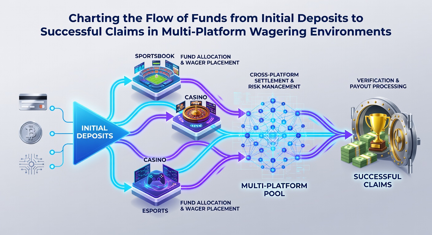 Illustration of fund flow in multi-platform wagering systems showing deposit to withdrawal stages