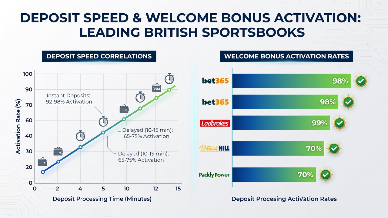 Chart comparing deposit speeds and bonus activation percentages for e-wallets, cards, and bank transfers at UK betting sites