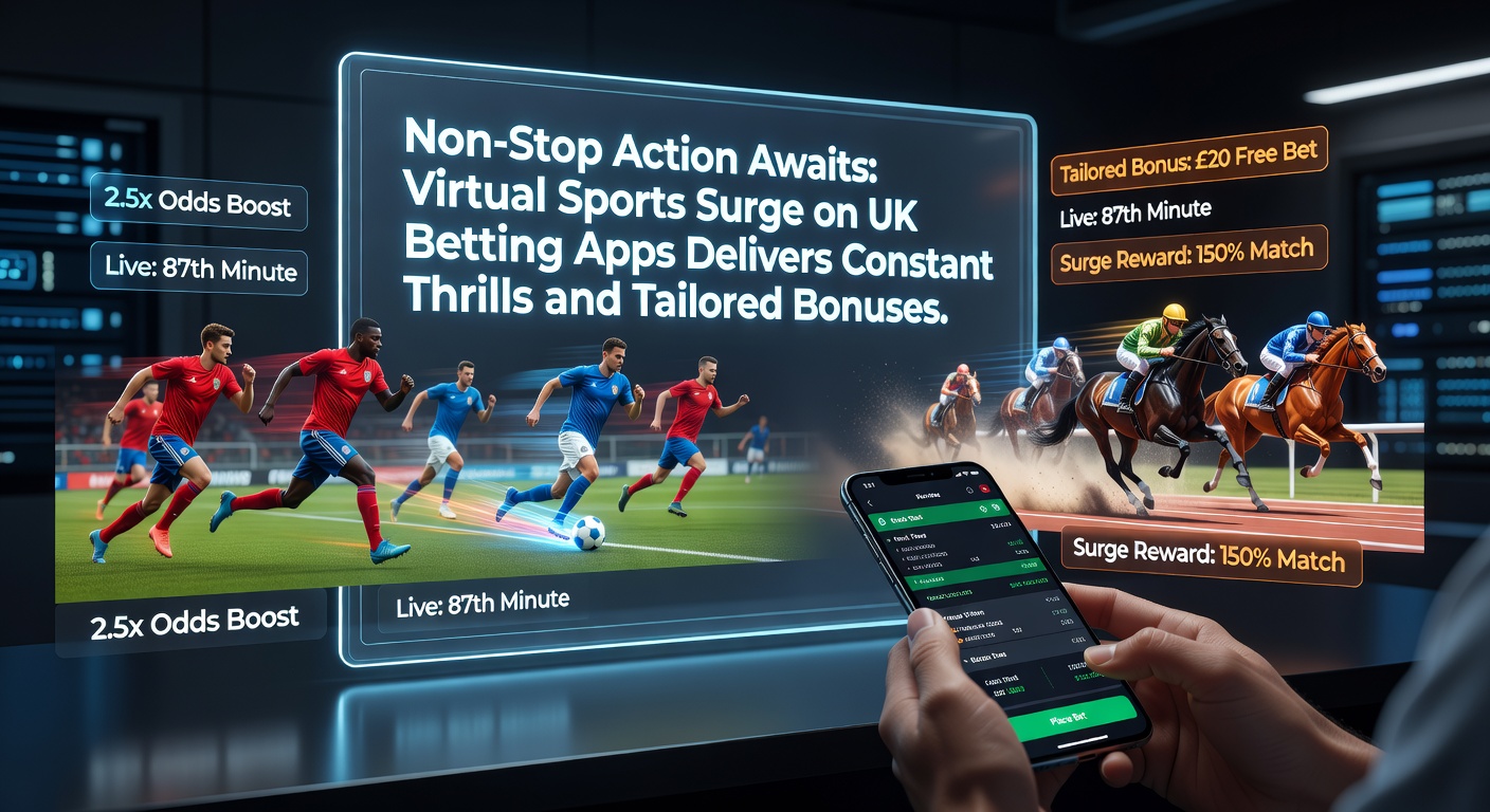 Dynamic screenshot of a virtual football match on a UK betting app, showing live odds and fast-paced action