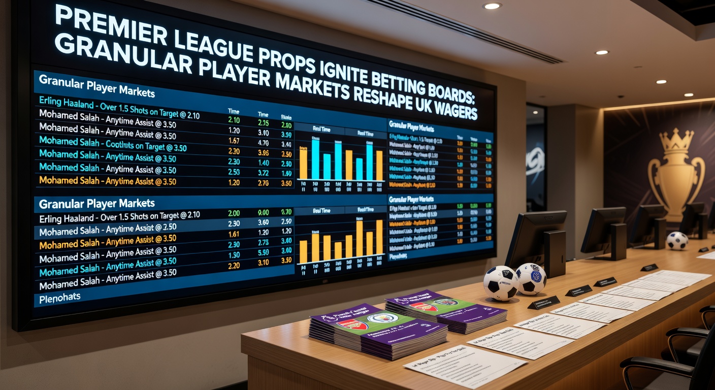 Vibrant digital betting board displaying Premier League player prop odds, with highlights on shots on target and assist markets for top stars like Salah and Haaland
