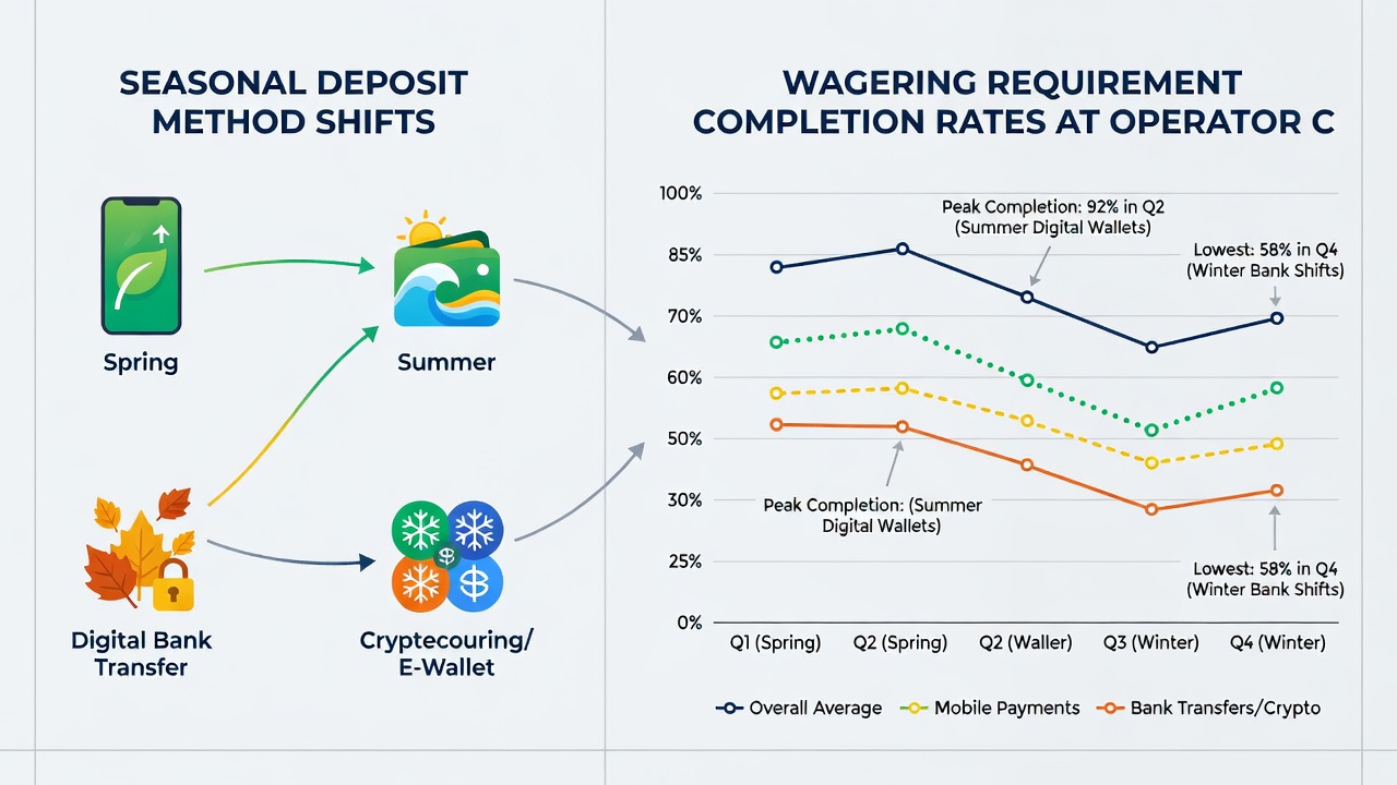 Comparison chart of wagering requirement completion percentages by deposit type across 2025 seasons