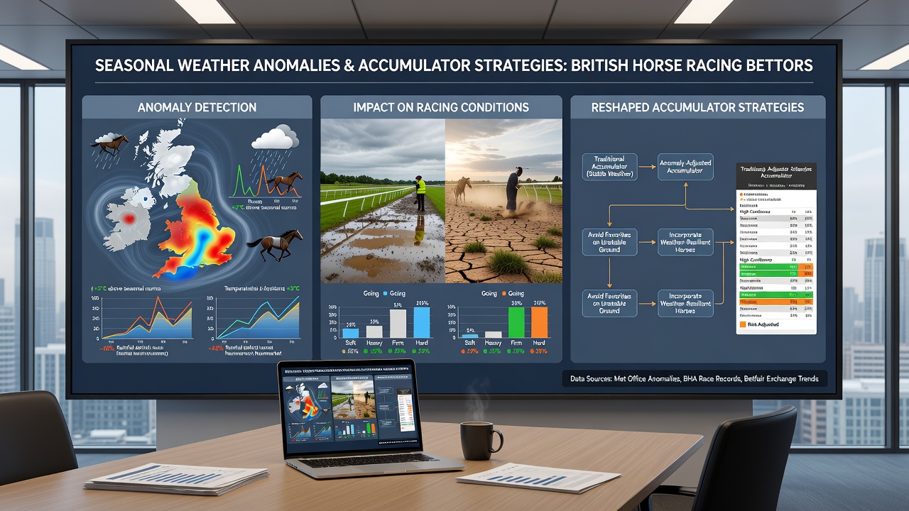 Racehorses navigating varied turf conditions influenced by seasonal weather at a regional British track