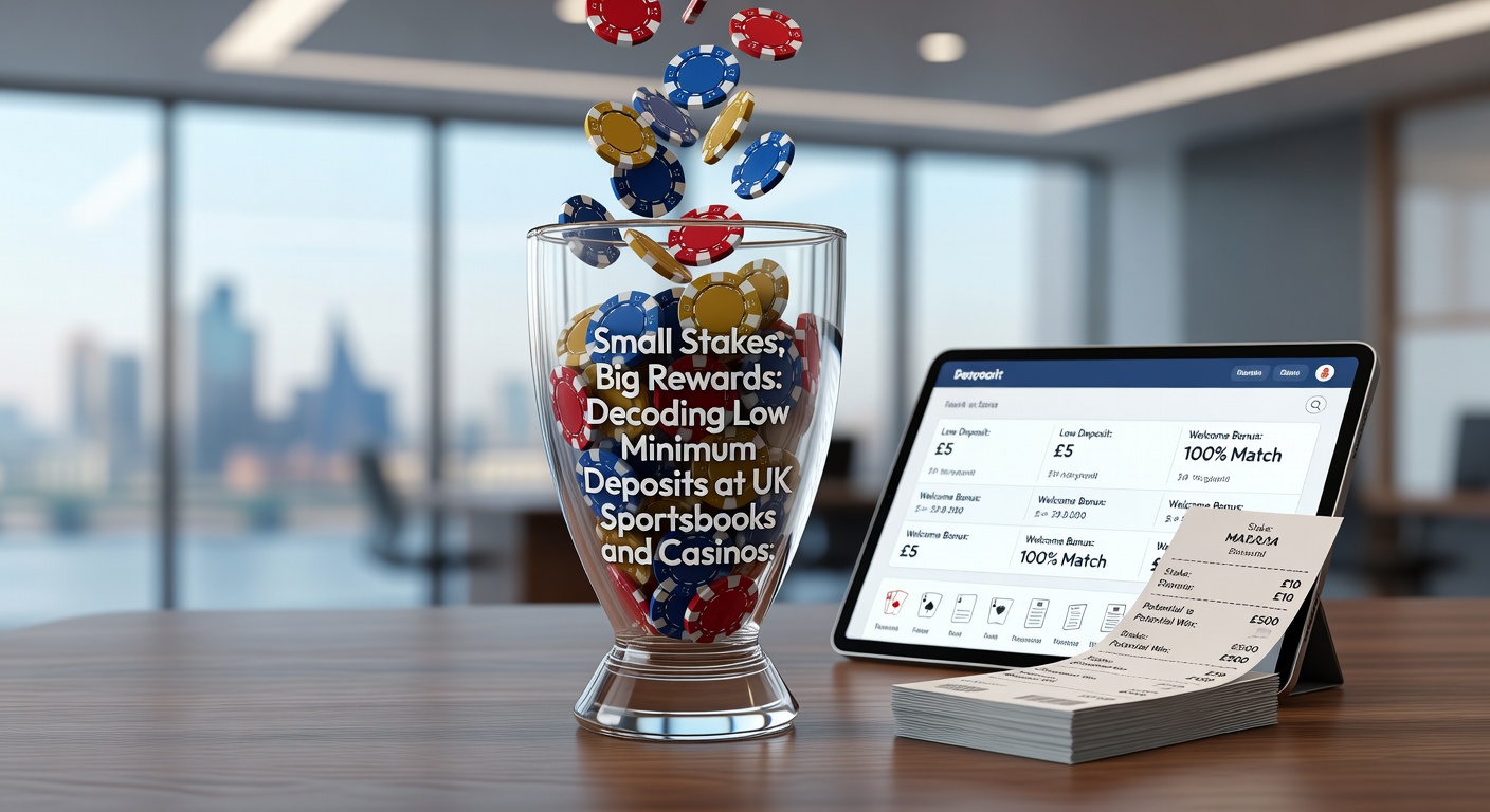 A close-up of a mobile phone screen displaying a betting app with a low deposit prompt and small coin icons, symbolizing accessible entry to sportsbooks and casinos