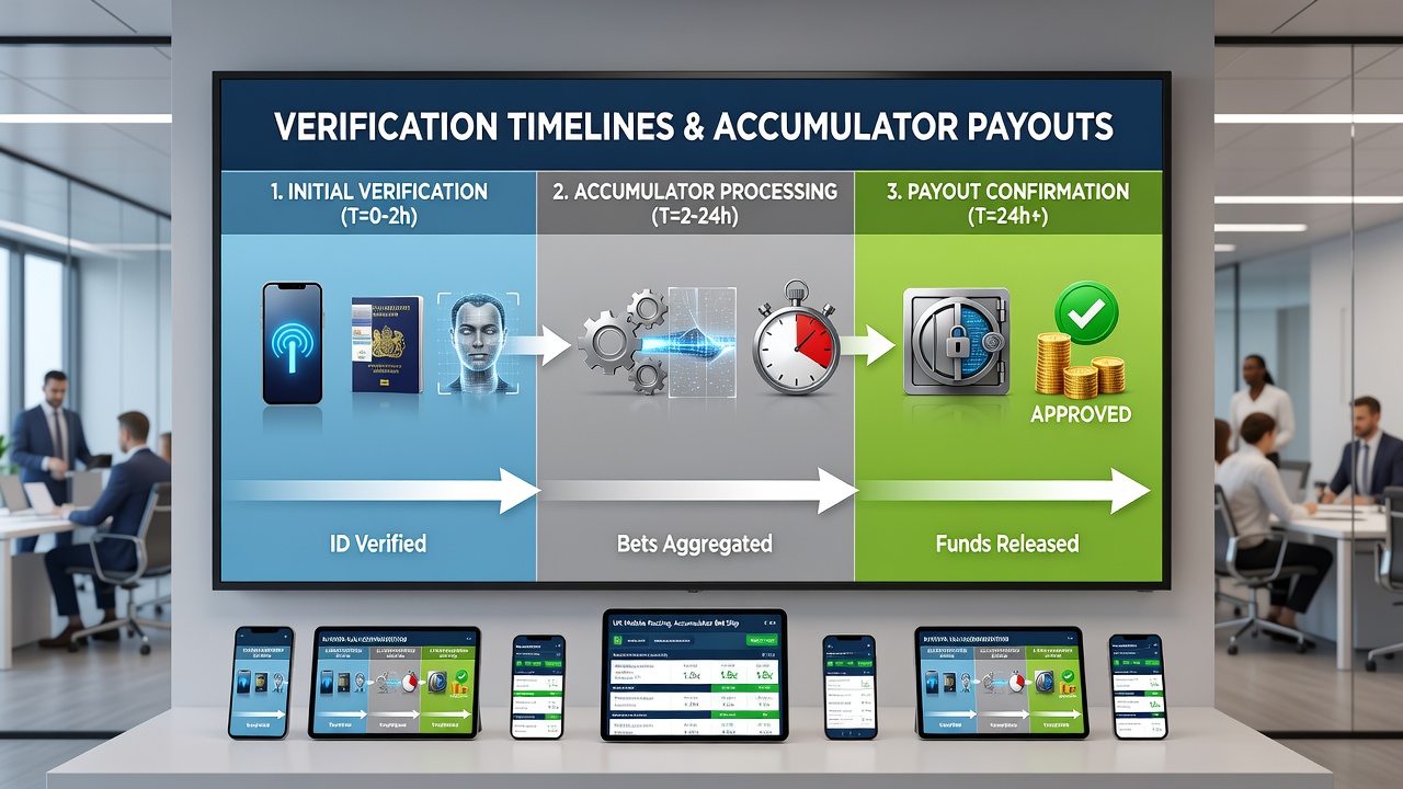 Racecourse scene with mobile device displaying accumulator payout confirmation screen