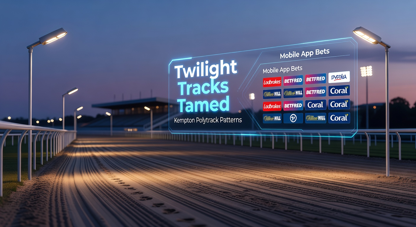 Kempton Park's floodlit Polytrack under evening lights, showcasing horses thundering around the all-weather bend with punters glued to mobile screens