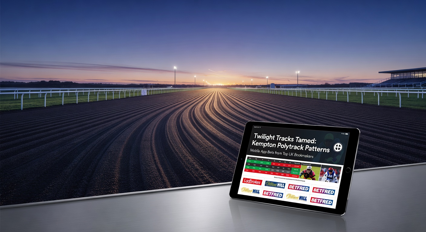 Smartphone displaying a top UK bookmaker app with live Kempton Polytrack odds, bet slip for a front-running favorite, and real-time pace tracker overlay