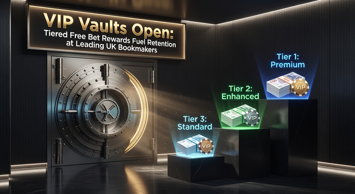 Digital vault interface displaying tiered VIP levels with glowing free bet rewards unlocking progressively
