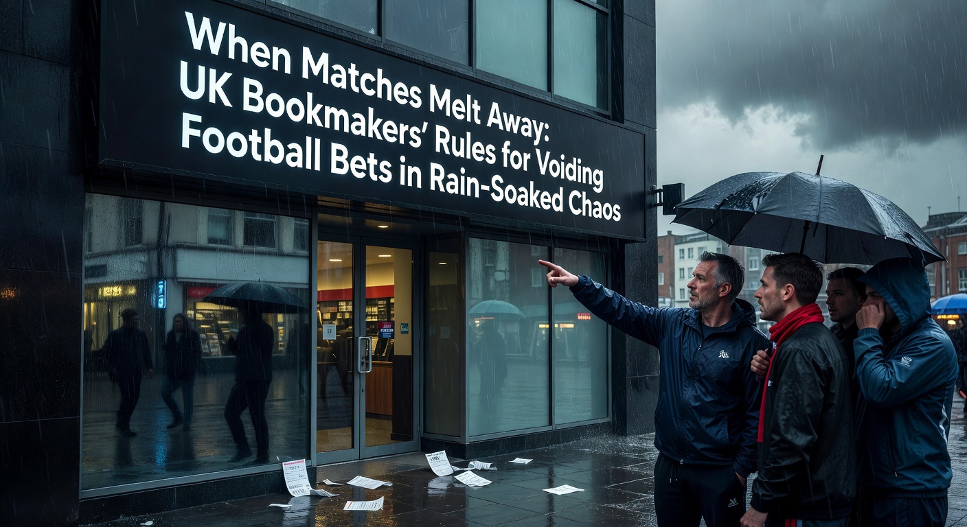 Flooded football pitch during heavy rainstorm, with players standing idle as water pools on the field