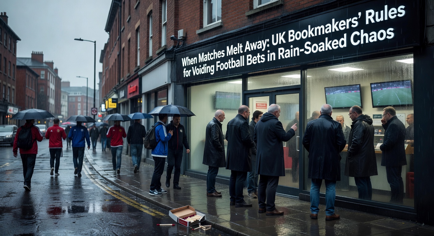 Referee holding up a red card under pouring rain on a waterlogged football field, surrounded by frustrated players
